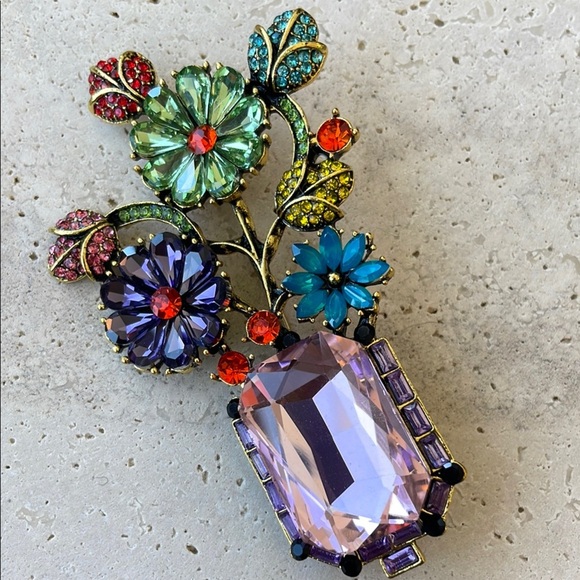 Saks Fifth Avenue Green and Purple Floral Brooch with Crystal Accents - Picture 1 of 1